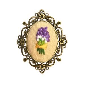 Lavender Bouquet Flower Embroidery Necklace, Handmade Pendant